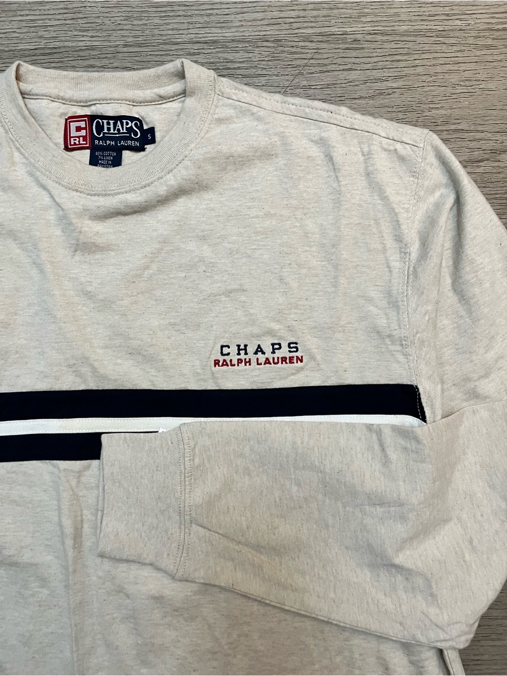 Vintage Chaps Ralph Lauren Cream Crewneck Tee with Black & Red Embroidered Label